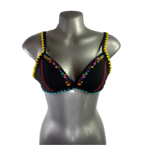 BananaMoon Black Colorful Embroidery Triangle Bikini Top Size M NWOT SKU0892